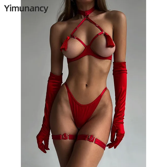 Yimunancy Tassel Lingerie Set Women Halter Cut Out Sexy Erotic Set Red/Black Back Open Brief Kit 1