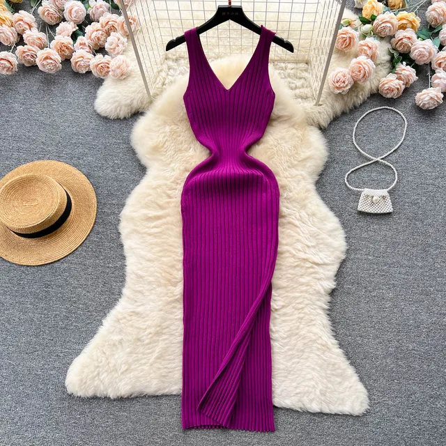 YuooMuoo Chic Fashion Sexy Wrap Hips Split Knitted Autumn Dress Women Slim Elastic Bodycon Long Dress Streetwear Outfits Vestido 1