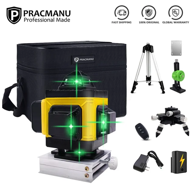 Pracmanu 12/16 Lines 3D/4D Laser Level 360° Horizontal and Vertical Cross Green Lines Auto Self-Leveling APP Remote Control 1